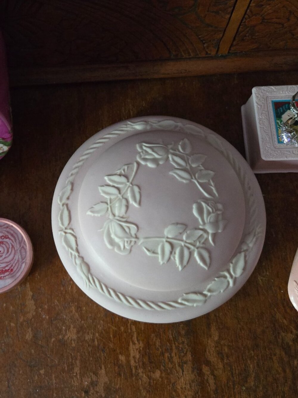 Vintage 1952 Calif Ceramic Pink Rose Powder Box Coquette Trinket Cottagecore